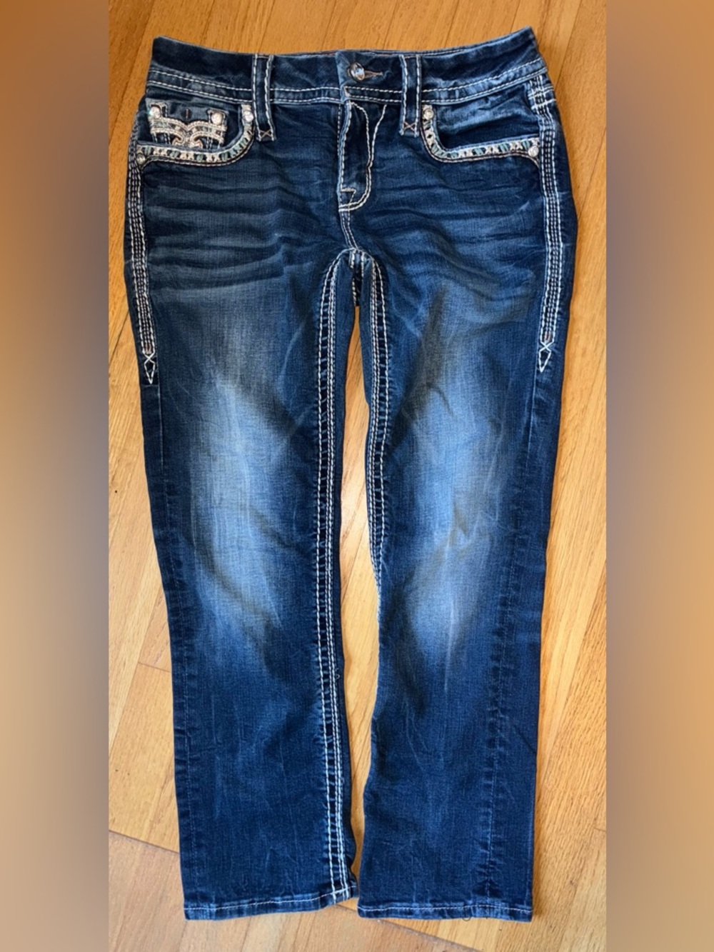 Rock Revival Women's Dark Blue Crop Skinny Jeans with Contrast Stitching